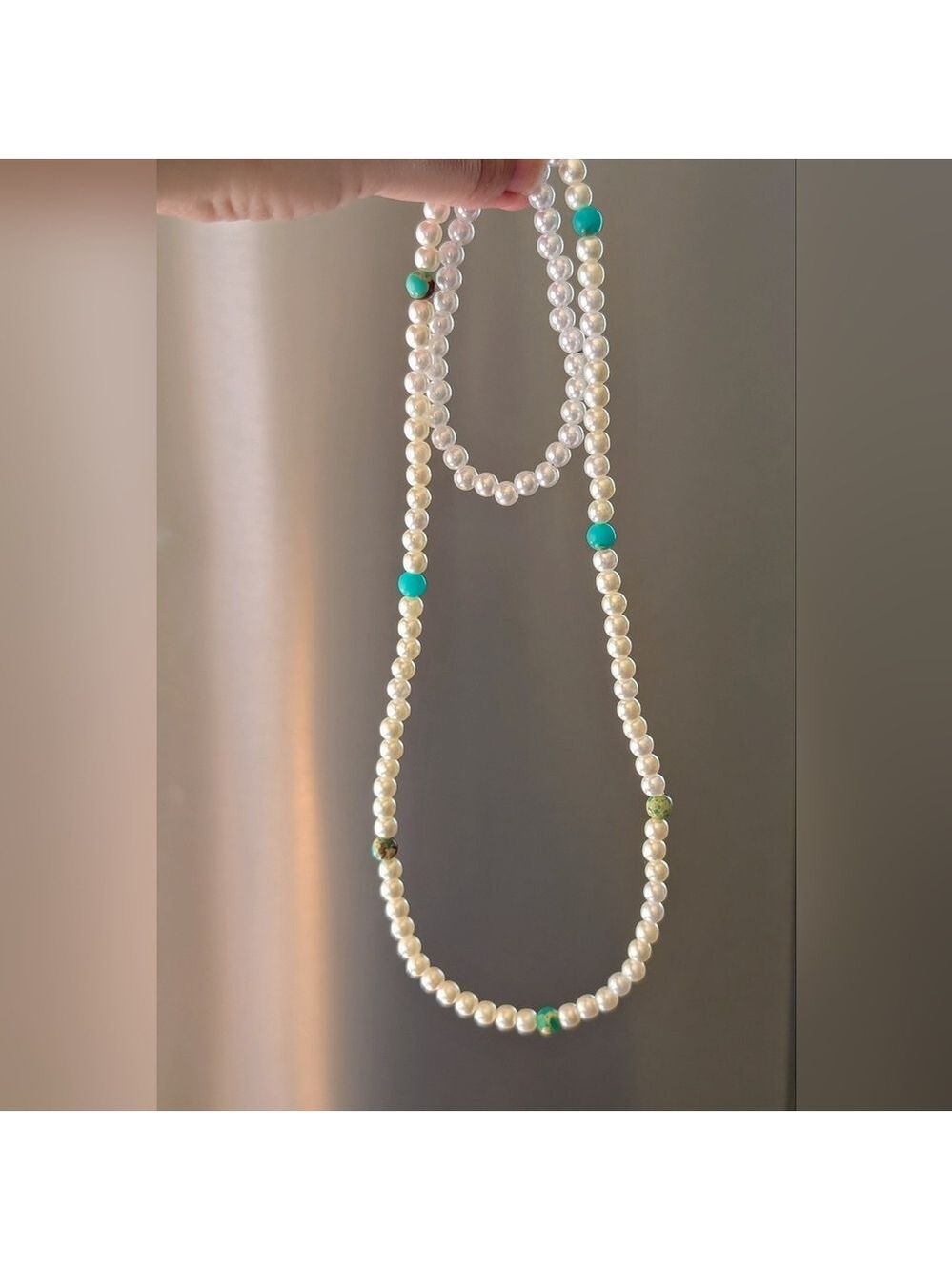 Faux Pearl and Turquoise Necklace With Matching Bracelet (Stretchy)